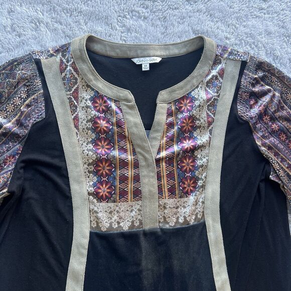 John Mark Women’s Velvet Boho Tunic Bell Sleeve Floral Patchwork Blouse Medium - Picture 2 of 7